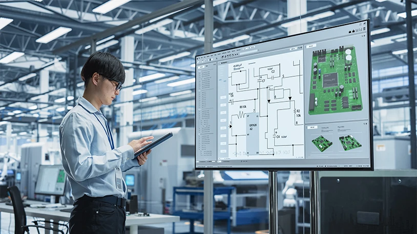 Engineer inspecting a PCB during the prototype to mass production process for electronic products