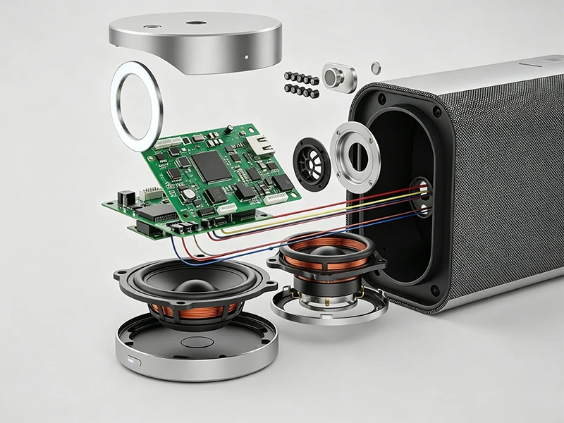 Consumer electronics box build assembly with PCBA enclosure speakers and internal wiring
