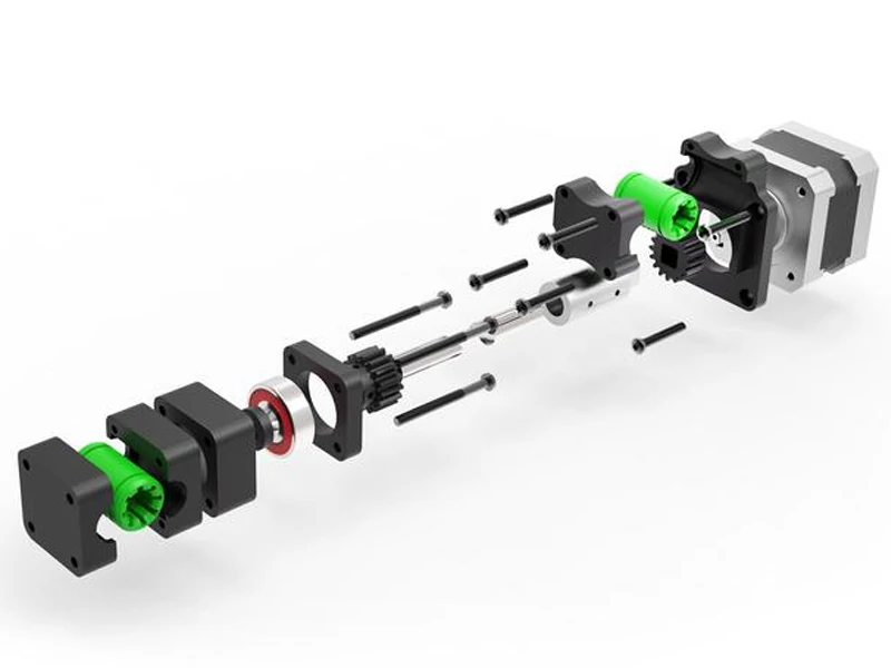 Electro-mechanical box build assembly with motor gears shaft bearings and housing components