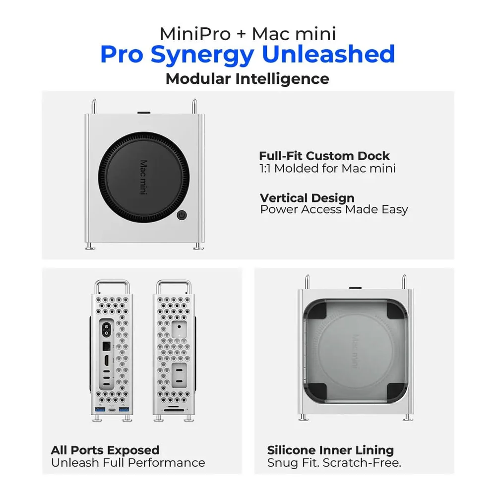 Mac mini dock case with protective silicone lining and accessible ports