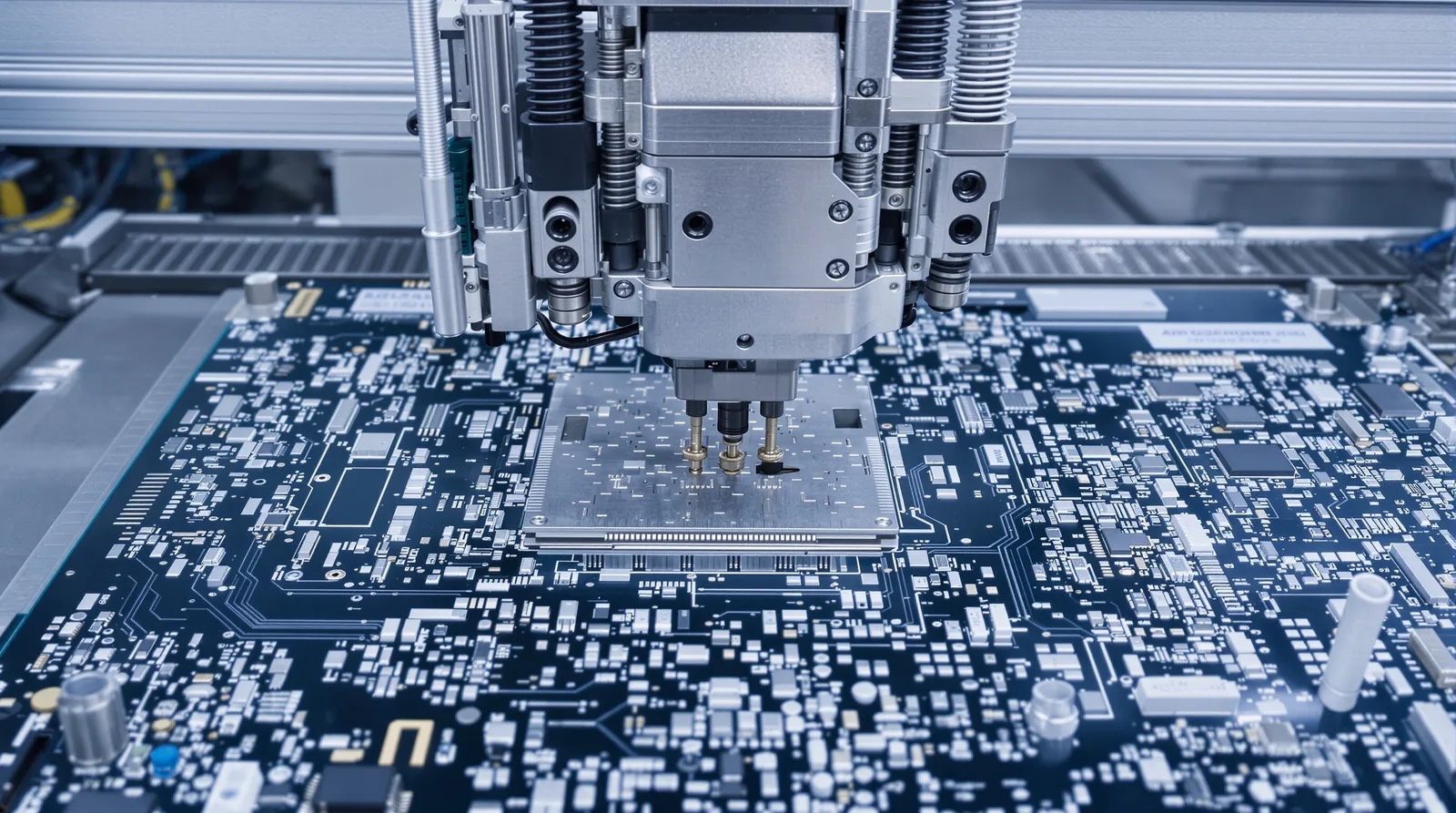 SMT placement head positioning components onto a densely populated printed circuit board