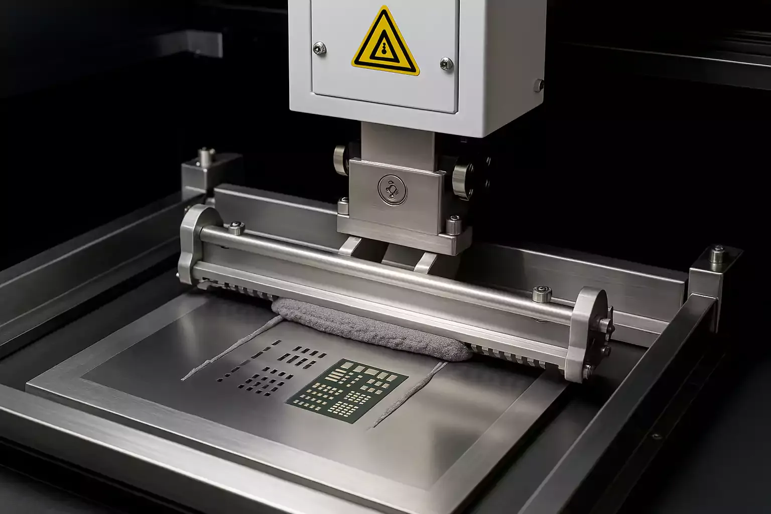 Solder paste being printed through a metal stencil onto a circuit board in an SMT stencil printer