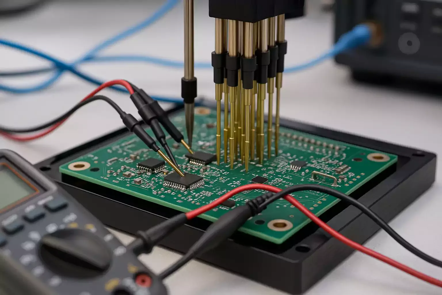 Test fixture with spring-loaded probes contacting an assembled circuit board during electrical testing